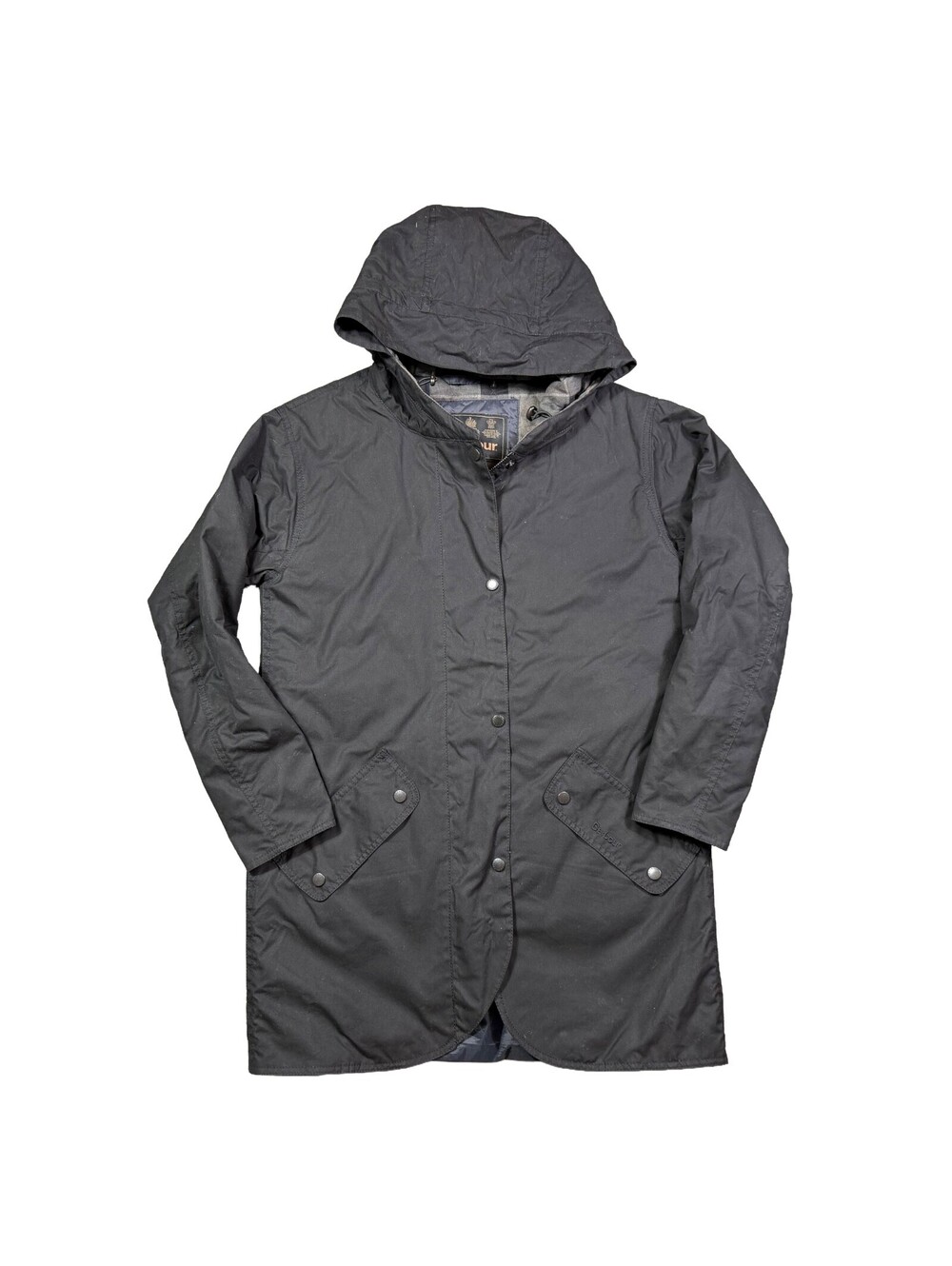 Barbour Winter Tartan Womens Waxed Cotton Hooded Coat Jacket Black Size 6 UK 10
